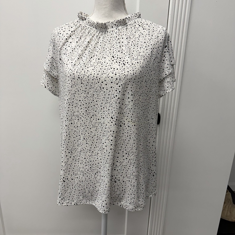 Adrianna papell White Black Polka Dot Ruffle Neck Flutter Sleeve Blouse Top XL